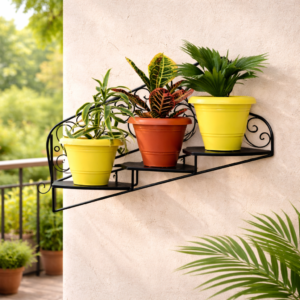 Elegant Wall Mounted Metal Plant Stand – Stylish Green Décor for Home & Balcony- 3 Pot Stand