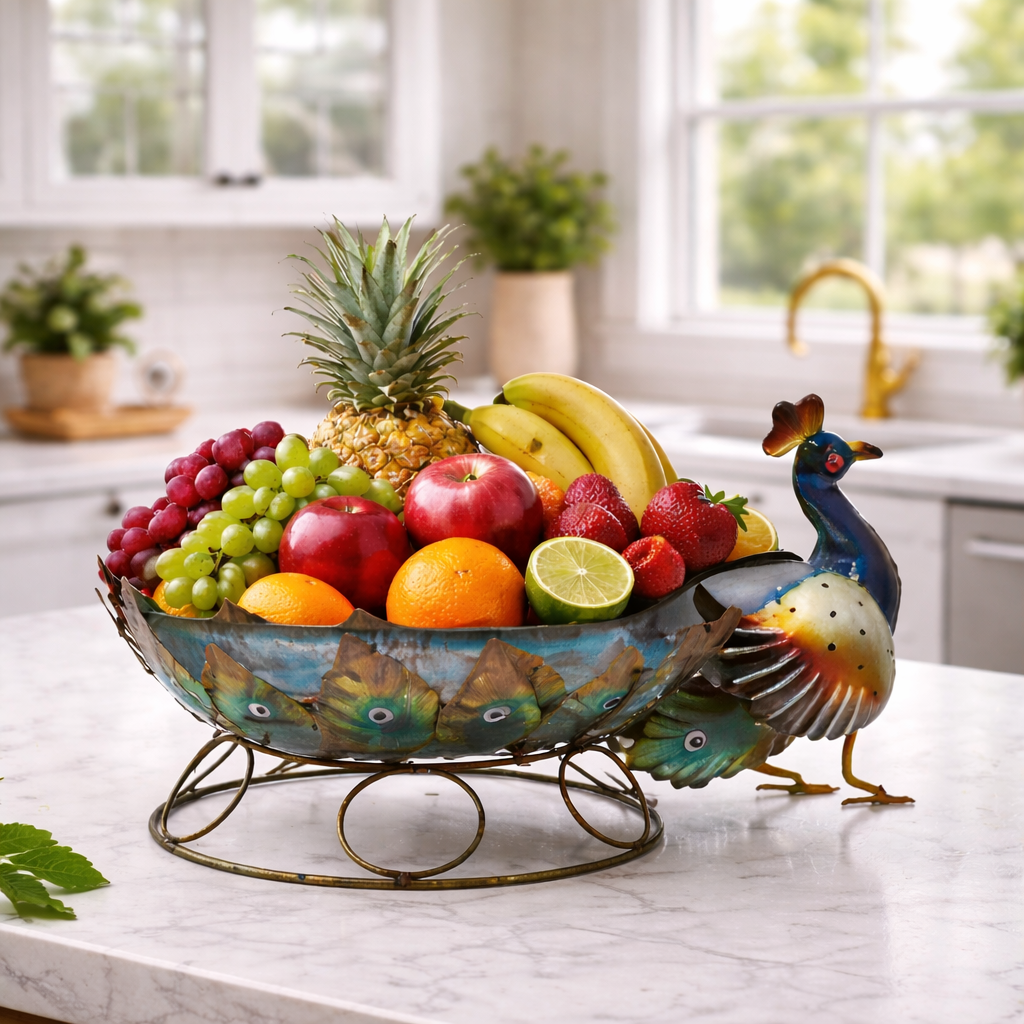 Elegant Peacock Decorative Metal Fruit Basket – 1 Stunning Premium Table Centerpiece
